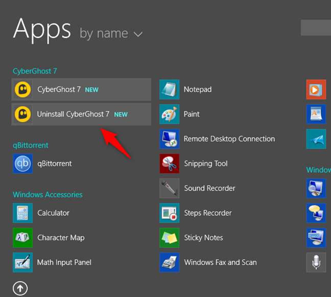 An uninstall shortcut for an app, shown in the Start Menu from Windows 8.1