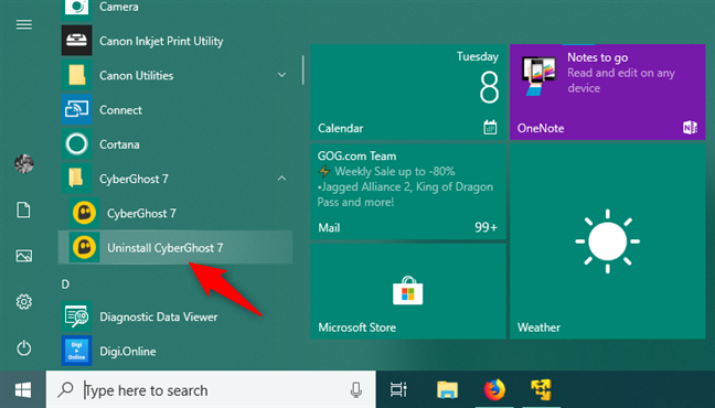 An uninstall shortcut shown in the Start Menu from Windows 10