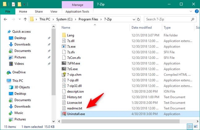 The uninstall executable file inside a program's folder