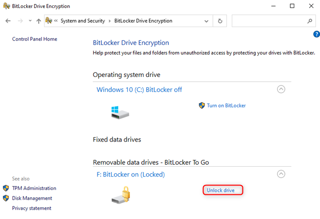 Unlock the BitLocker drive from the Control Panel