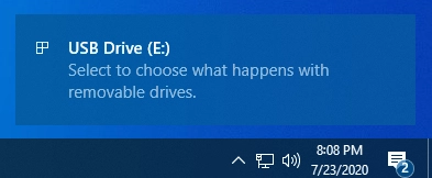 Windows 10 asks you to select what happens with removable drives