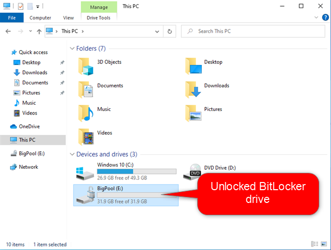 An unlocked BitLocker drive, shown in File Explorer