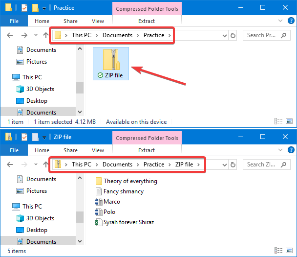 ZIP file in Windows before and after it is opened by File Explorer