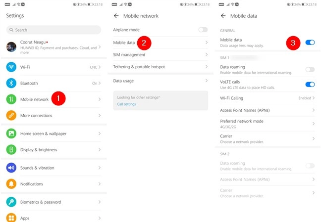 Enabling the Mobile data internet connectivity on an Android smartphone