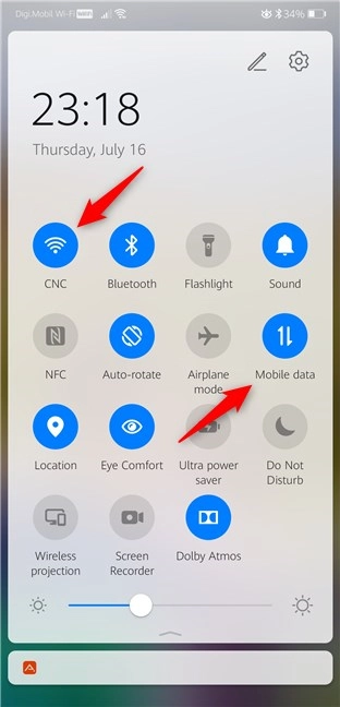 The Wi-Fi and Mobile data quick settings on an Android smartphone