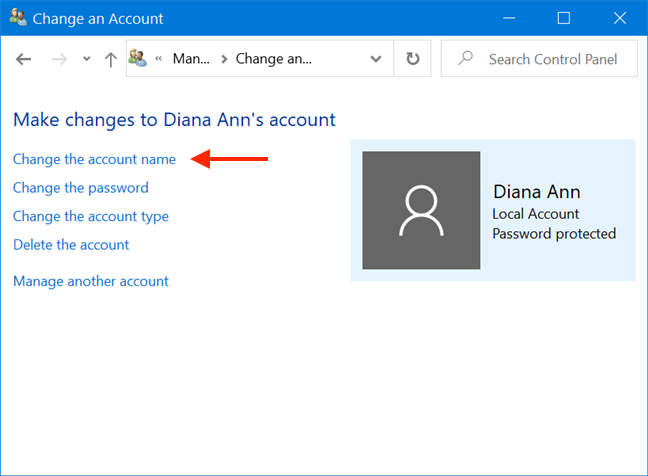 Click or tap Change the account name