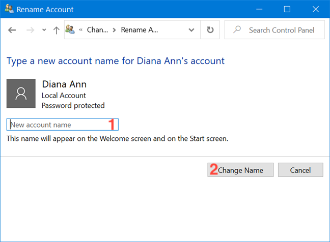 Choose a New account name and press Change Name