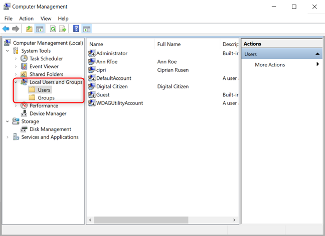 In Computer Management, open Local Users and Groups and then Users