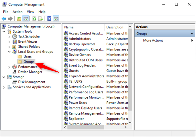 Selecting Groups in the Local Users and Groups