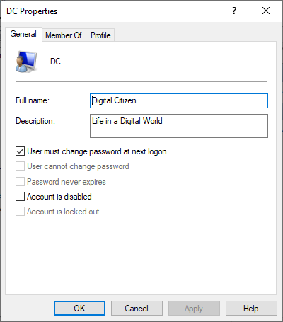 The general information and options of a user account