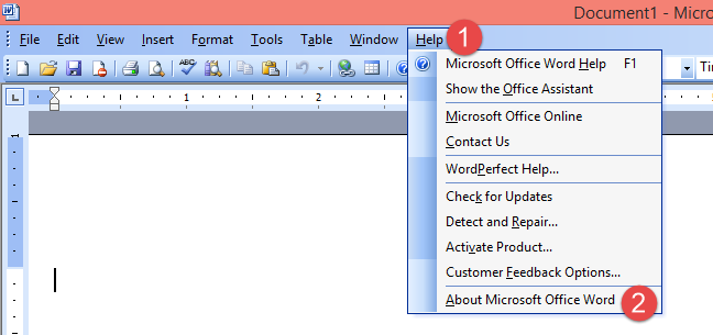 The About Microsoft Office Word option in Office 2003