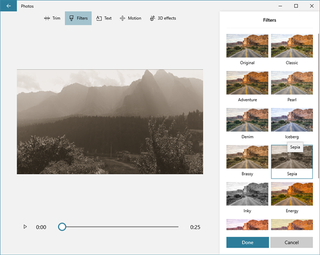 The filters available in Video Editor