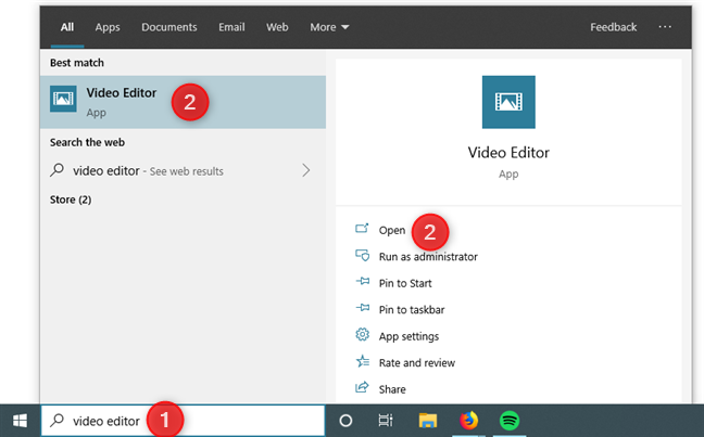 Opening Video Editor with the search from Windows 10