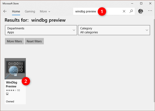 Searching for WinDbg Preview in the Microsoft Store