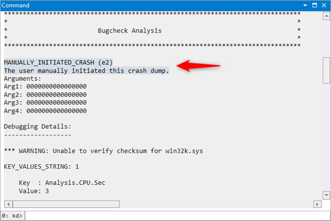 Bugcheck Analysis results in WinDbg Preview