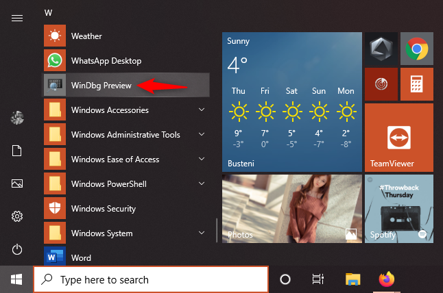 The WinDbg Preview shortcut form the Start Menu