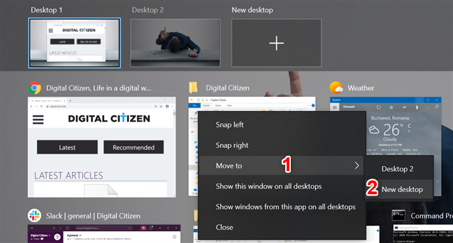 Use an app window's contextual menu to move it to a new desktop you create