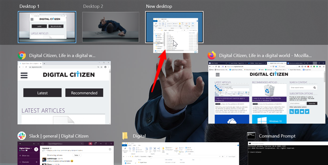 Drag and drop an app window onto the + New desktop button