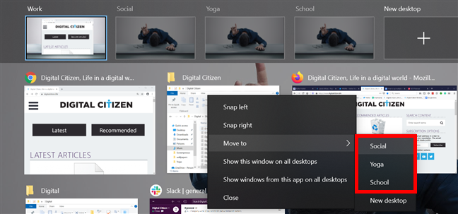 Move a window to another virtual desktop in Windows 10