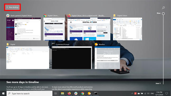 Press + New desktop to start using multiple desktops