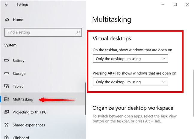 Find Virtual desktops settings in the Multitasking tab