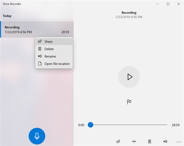 Press Share in a recording's contextual menu