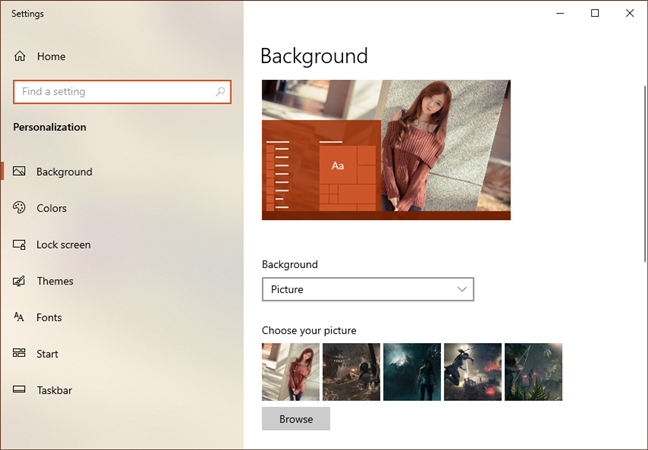 The Background page from the Personalization settings