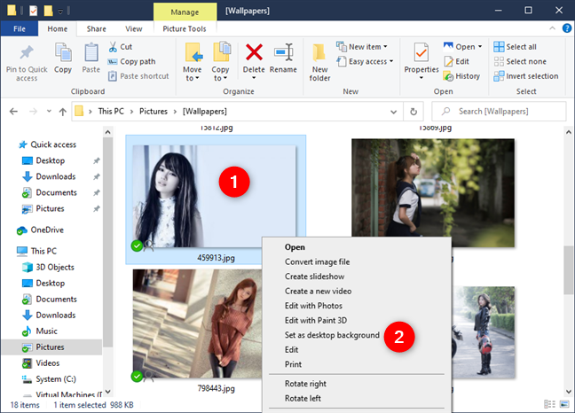 The right-click menu of a picture lets you Set [it] as desktop background