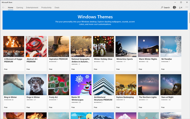 The Windows Themes section of the Microsoft Store
