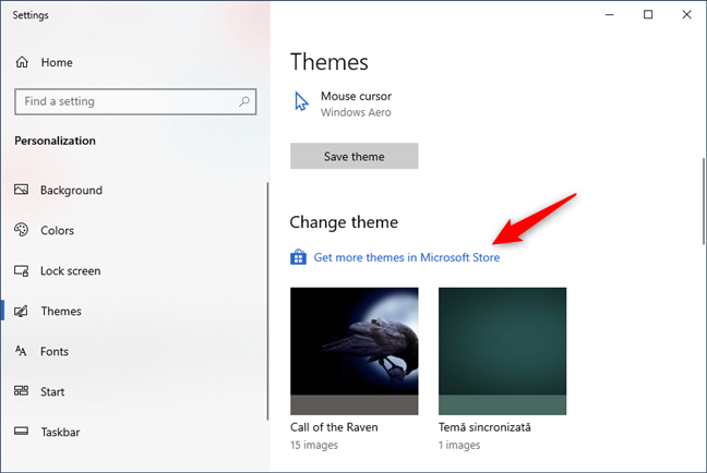 Getting new themes from the Microsoft Store
