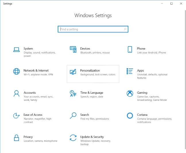 Windows 10 Settings - Go to Personalization