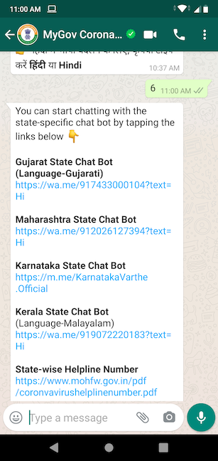 Access a chatbot for your language from MyGov Corona Helpdesk