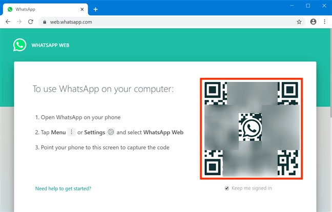 WhatsApp Web displays a QR code