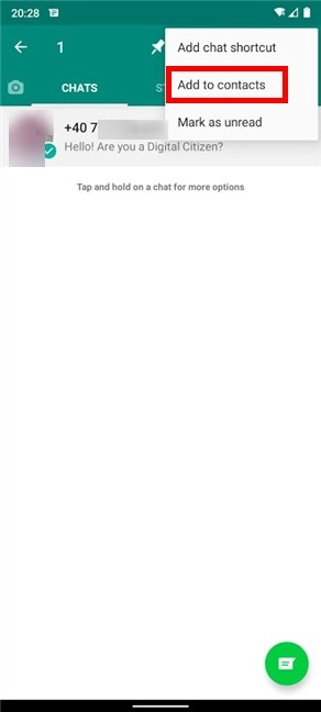 Add the number of the selected entry to your contacts