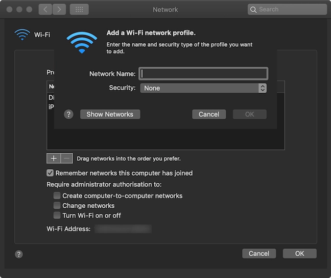 Fill in the fields in the Add a Wi-Fi network profile window