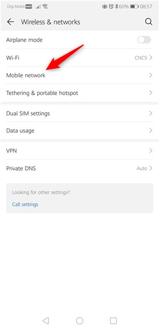 The Mobile network settings