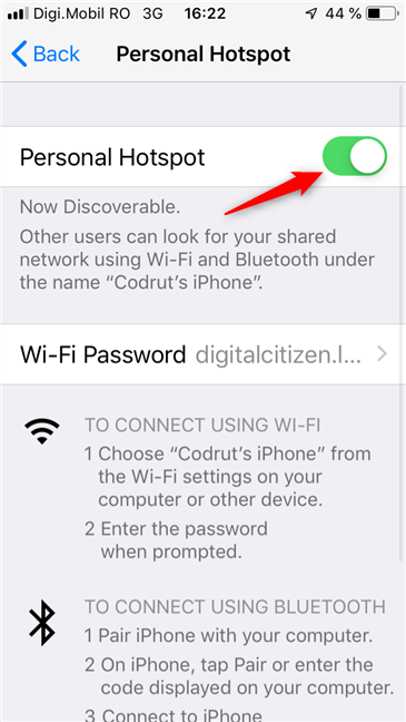 The Personal Hotspot switch