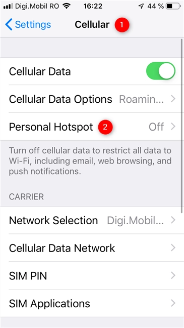 The Personal Hotspot link from the Cellular settings