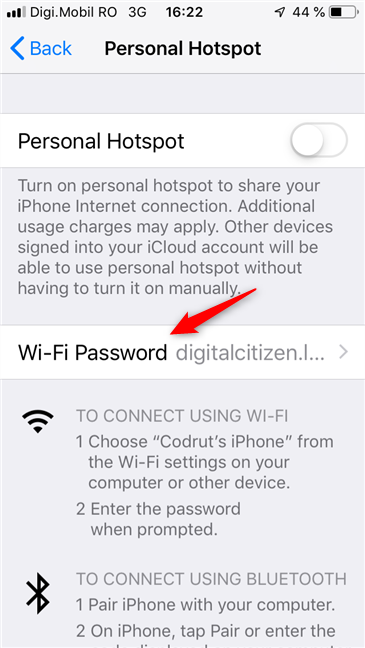 The Wi-Fi Password setting for the personal hotspot