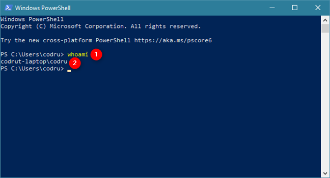 The whoami command in PowerShell tells you your user name