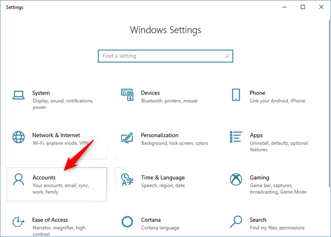 The Accounts category in Windows 10 Settings