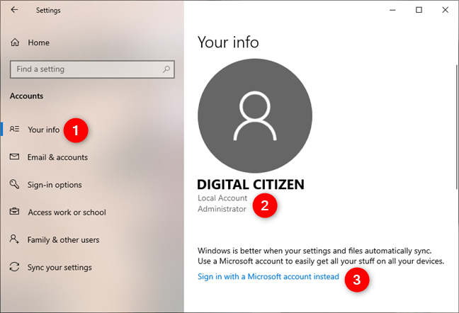Windows 10 Settings shows that a local account is used