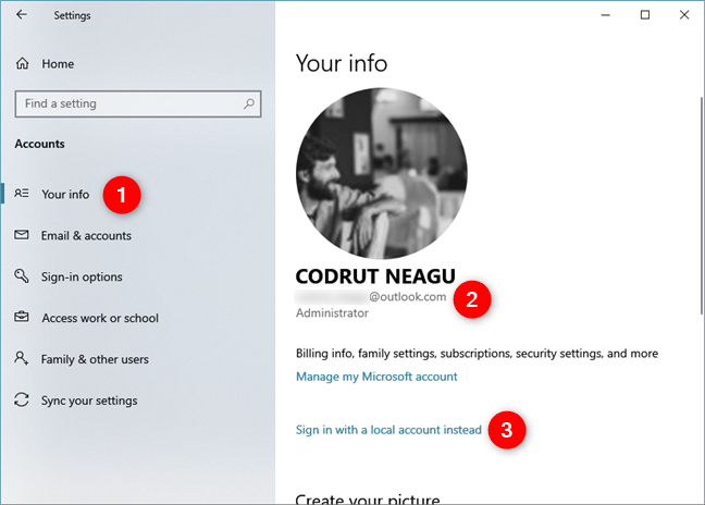 Windows 10 Settings shows that a Microsoft account is used