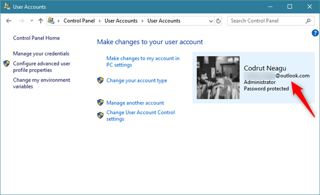 The Control Panel from Windows 10 shows that a Microsoft account is used