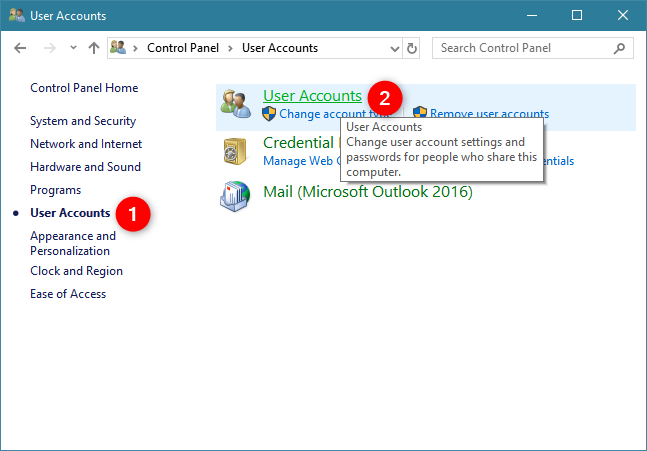 The User Accounts category from the Control Panel