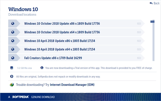 The Windows 10 download page from Softpedia