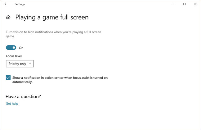 Choosing to stop Windows 10 notifications when playing games