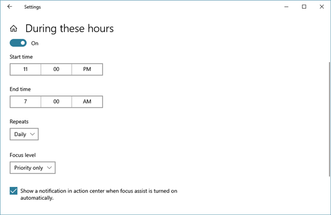 Snooze Windows 10 notifications during certain hours