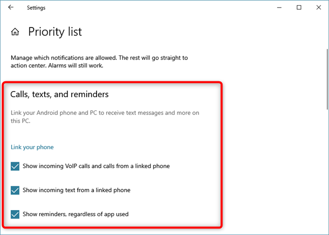 Choosing to stop Windows 10 notifications about Calls, texts, and reminders