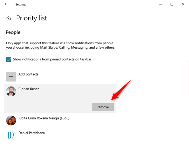 Removing a contact from the People Priority list